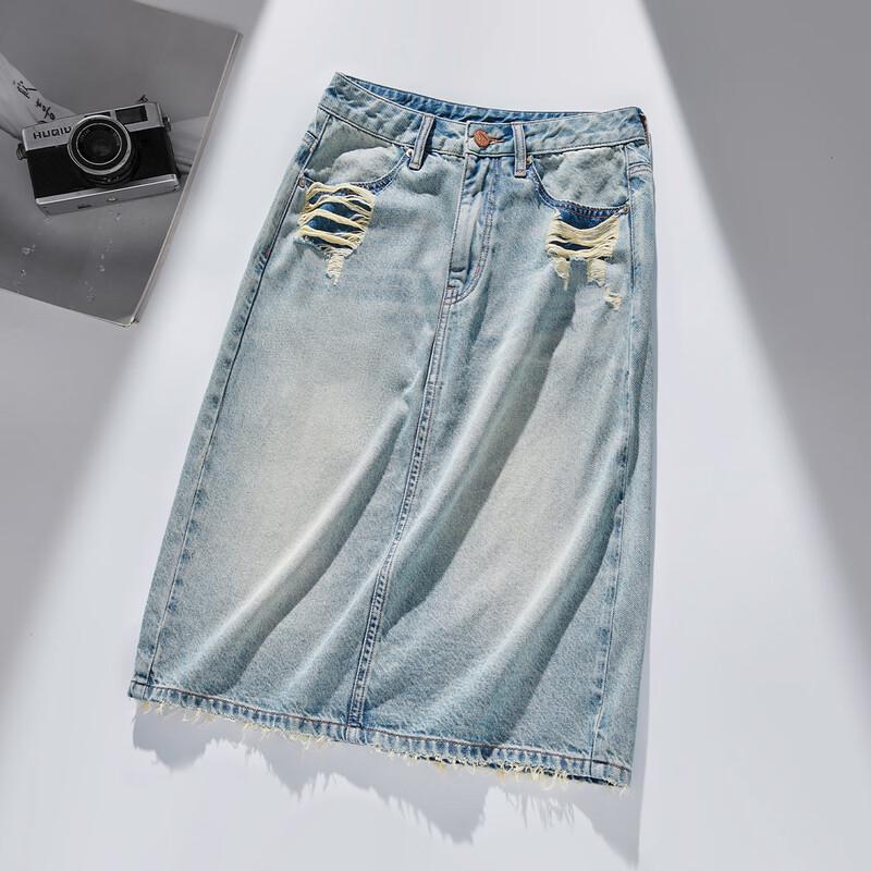 Женская рваная джинсовая юбка-миди А-силуэта с высокой талией RAIN.CUN M