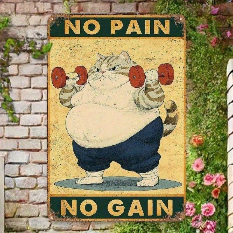 Metal Poster Wall Art Vintage Fitness Cat No Pain No Gain Motivational Decor Home Gym