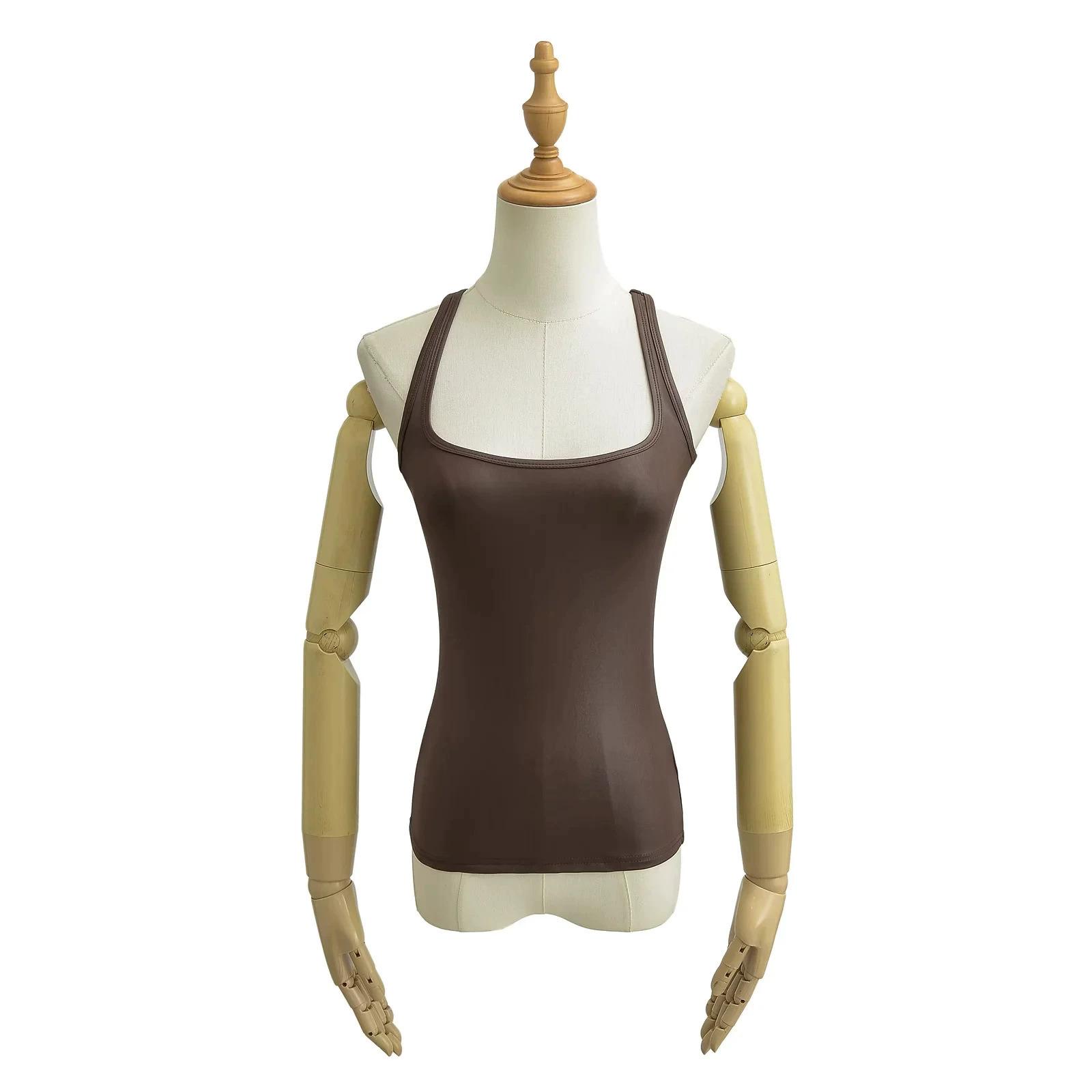 

Европейский и американский стиль, новый женский эластичный модный топ на подтяжках, летний однотонный жилет с большим U-образным вырезом L коричневый