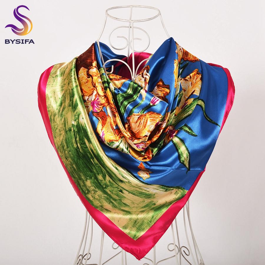 [BYSIFA] Ladies Sweet Pink Purple Square Scarves Autumn Winter Satin Scarves Muslim Headscarves 90*90cm Crepe Satin Silk Scarf