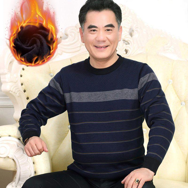 Men's Thick Fleece-Lined Sweater - Grandpa Style, Round Neck, Perfect for Winter Warmth