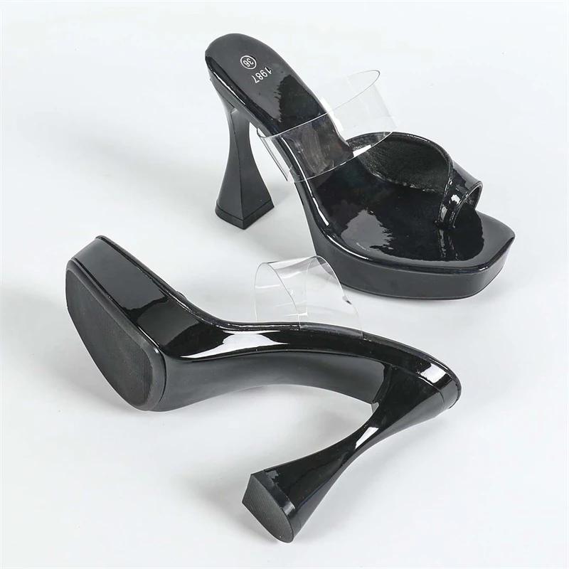 

Летний уличный стиль ПВХ Прозрачные шлепанцы с перемычкой для пальца Женские туфли на высоком каблуке Платформа Свадебная вечеринка Обувь Zapatos De Mujer 34 чёрный