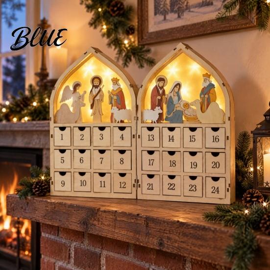 Advent Calendar with Drawers 24 Days Wooden Nativity LED Lights Foldable Christmas Countdown Boxwood Keepsake Gift Calendar House Shape Surprise