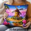 2D Flat - 1pc 2D Flat Printing Windmill Rose Starry Sky Landscape Double-Sided Printed Pillowcase, Home Decor Cushion Cover, Zipper Closure - Machine 