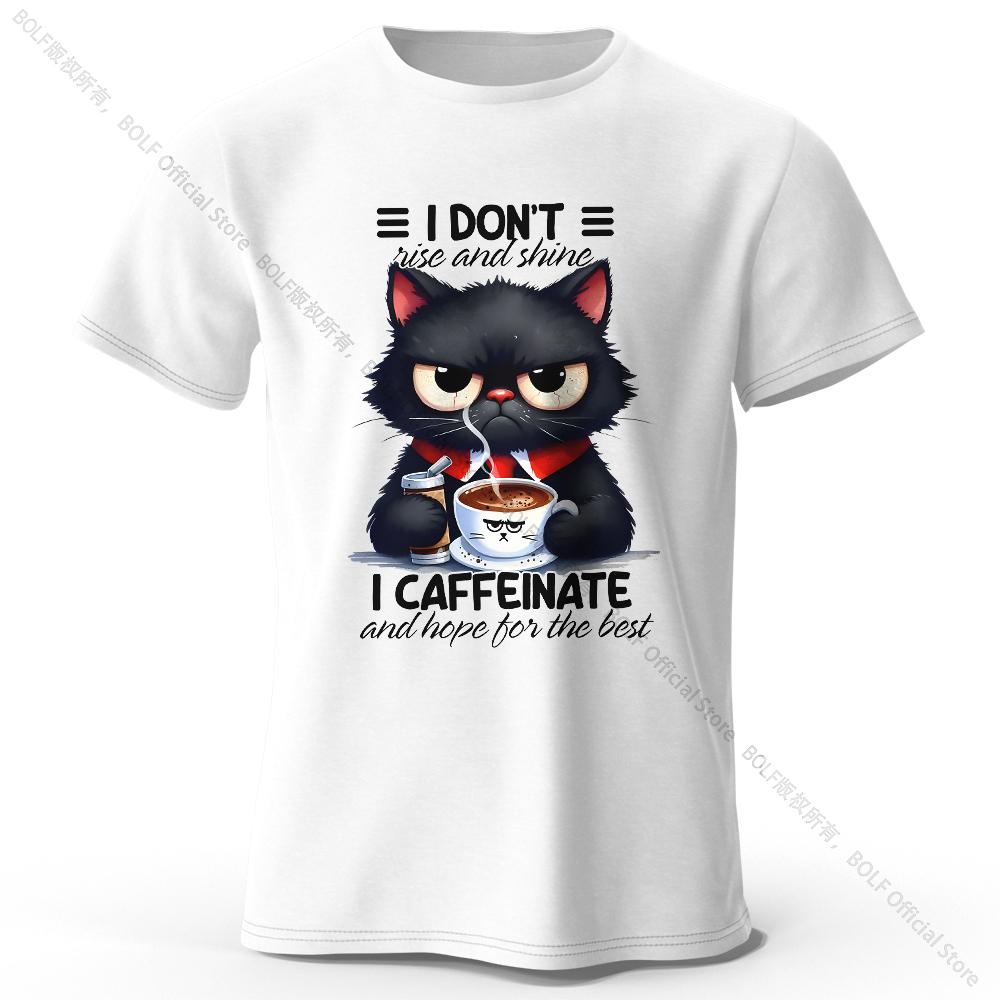 Coffee Loving Cat Print 100% Cotton T-Shirt, Soft & Breathable Round Neck Short Sleeve Tee, Unisex Fun & Quirky Style