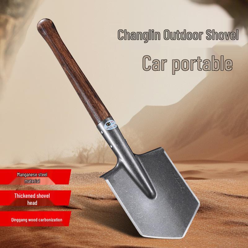 106b Polished Russian-Style Small Manganese Steel Shovel with Carbonized Green Steel and Wood Handle for Military Engineering and Outdoor Use