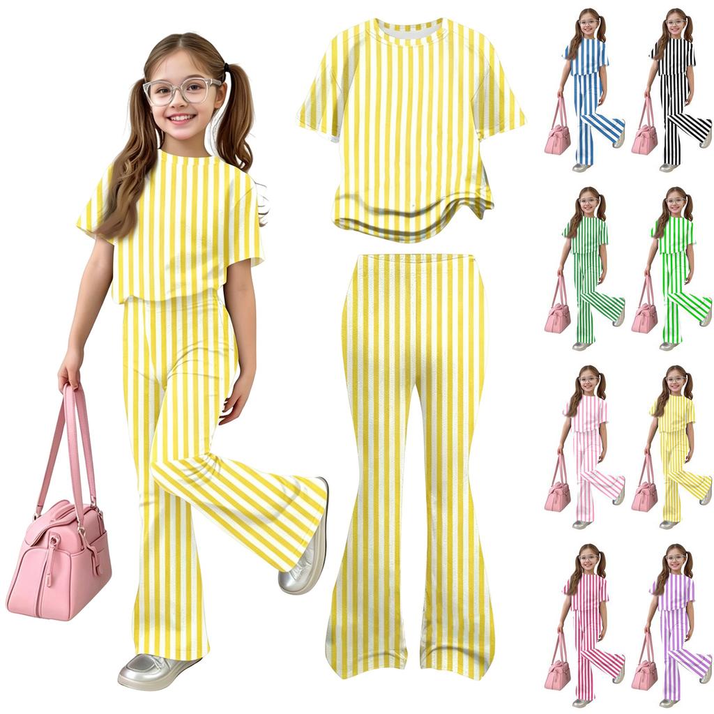 Kids Casual Two Piece Set Short Sleeve Top and Long Pants Striped Print Lightweight Comfortable Outfit for Everyday Wear