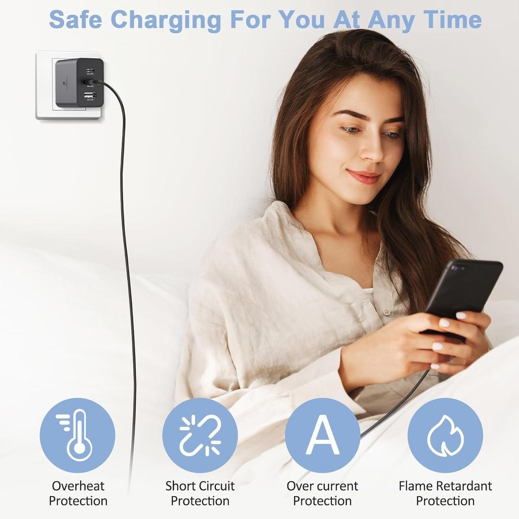 Adattatore GaN 65W Caricatore da Muro a 3 Porte per Galaxy A56 A36 A26 A16 A06 S25 S24 S23 S22 S22 Ultra/S22+/S21 Ultra/S20 Ultra/Note 20/Z Fold 3/laptop