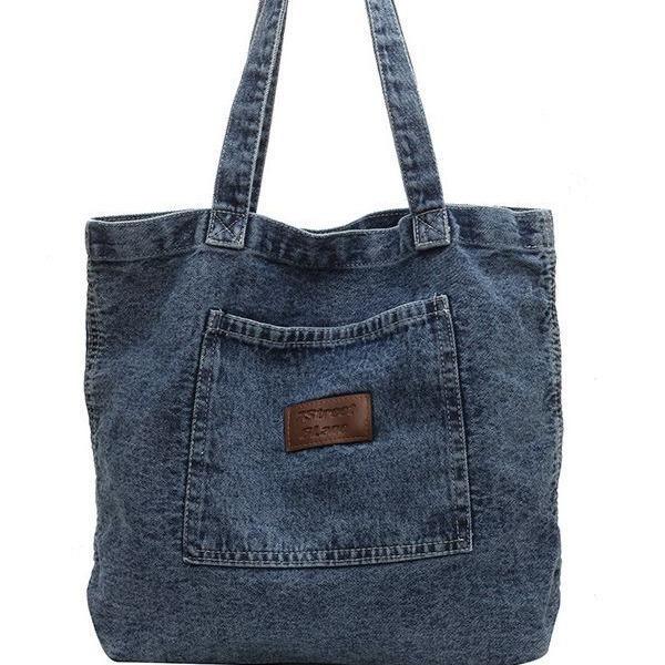 Borsa in Denim Lavato, Texture alla Moda, Borsa in Stoffa Casual Letteraria Artistica di Grande Capacità, Borsa a Spalla Sottobraccio.