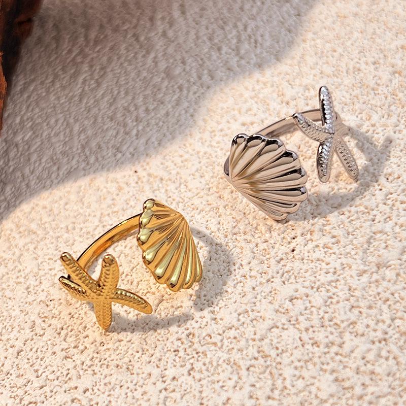 18k Gold Electroplated Stainless Steel Starfish Ring - Ocean Series Jewelry