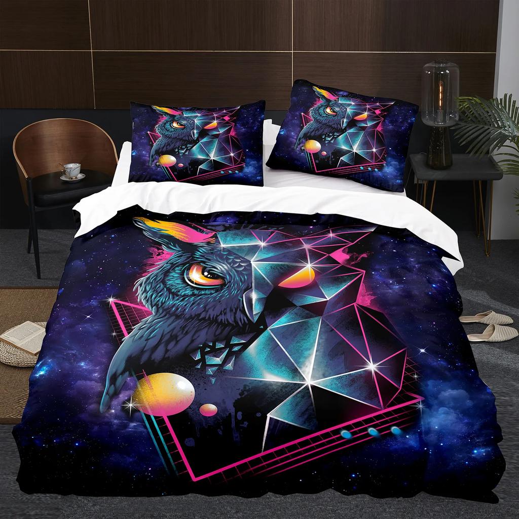 Owl Duvet Cover Set 3D Safari Wildlife Print Comforter Cover Bird Animal Personalized Nighthawk Queen Size Polyester Quilt Cover