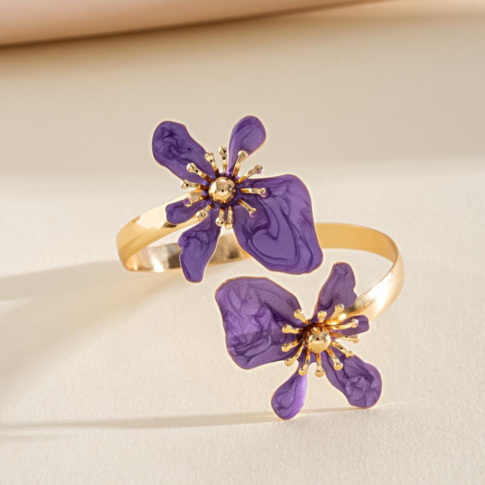 Exaggerated Design Big Flower Bracelet High-End Luxurious Style Open Bracelet Double Flower Oil-Dripping Bracelet Vacation Style фиолетовый