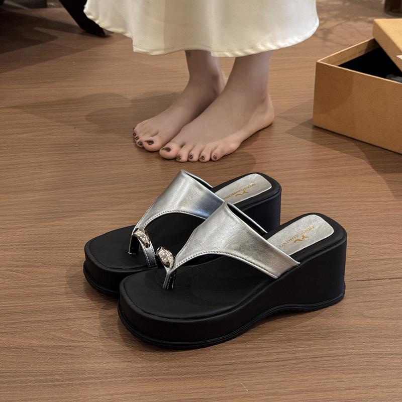 Summer set of toe square head metal wedge heels slippers women's 2025 new small muffin wear cool slippers with skirt