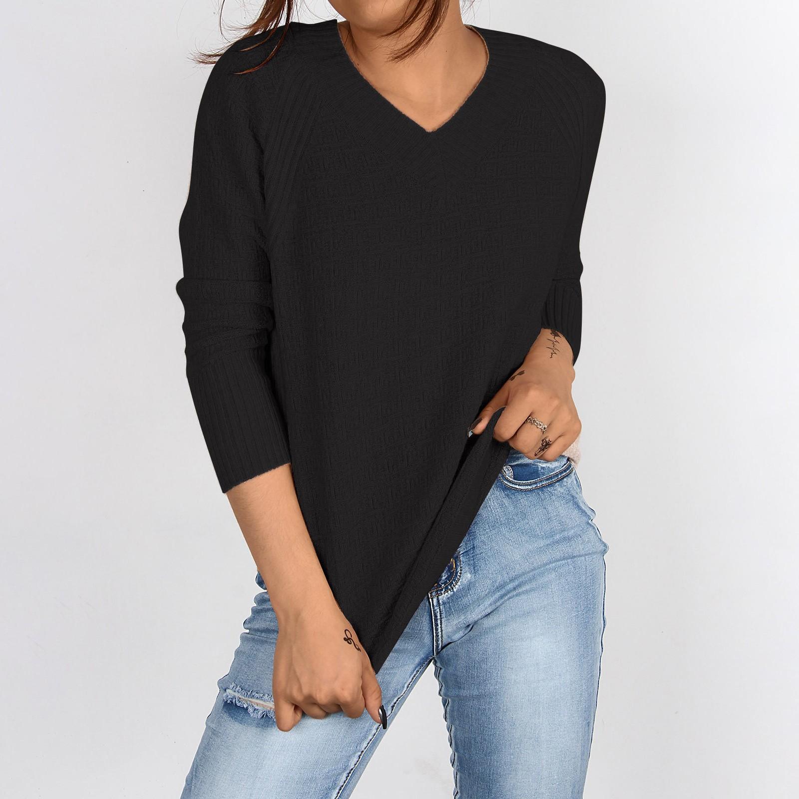 

Женский однотонный вязаный свитер, свободный пуловер нестандартной формы с v-образным вырезом L чёрный