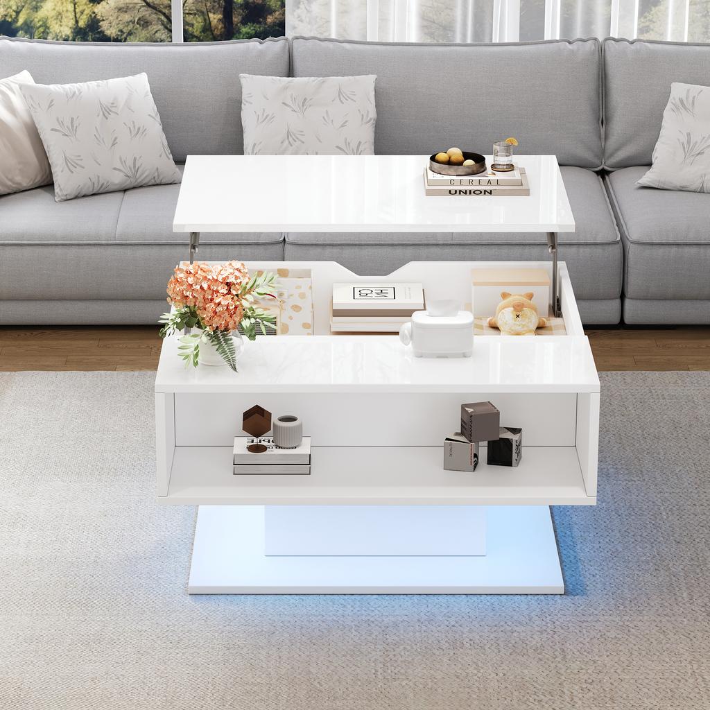 80*75*40cm Coffee Table with Hydraulic Lift, High-Gloss Sofa Table, Living Room Table with Storage, Semi-Open Storage, White