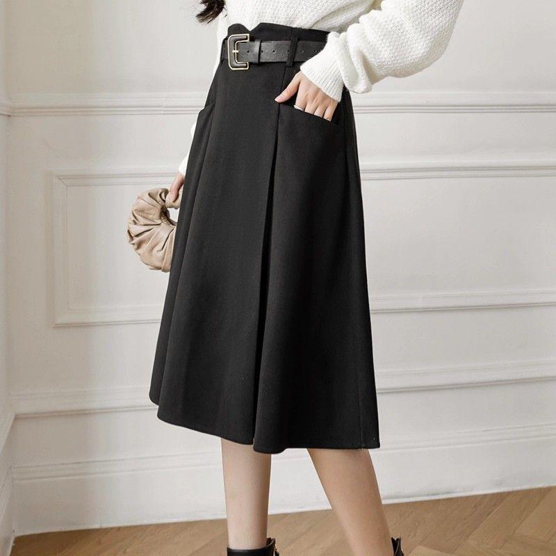 Simplicity Office Lady Autumn New Women's Elastic High Waist Solid Pocket Plaid Korean Fashion Sweet Slim Mid-leng A-line Skirt