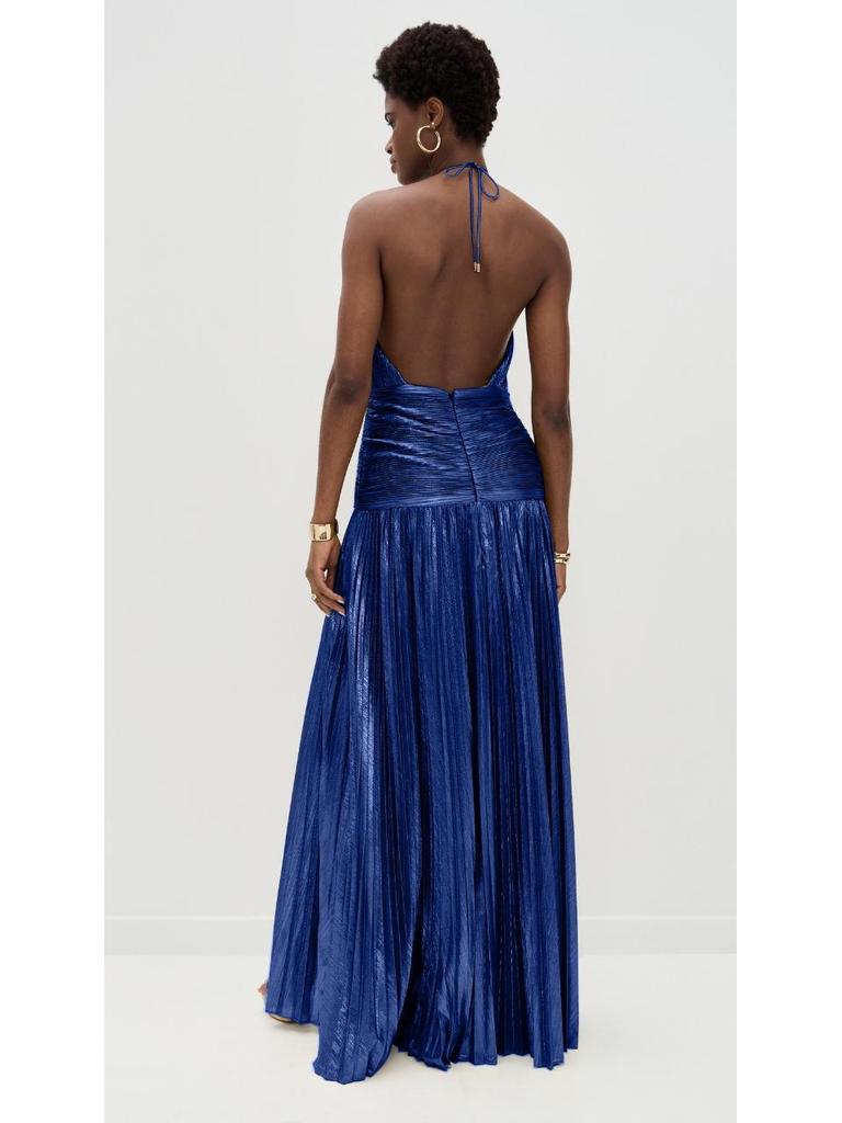 European and American Women's Metallic Pleated Slit Halter Dress Sleeveless Backless Lace-Up 8155