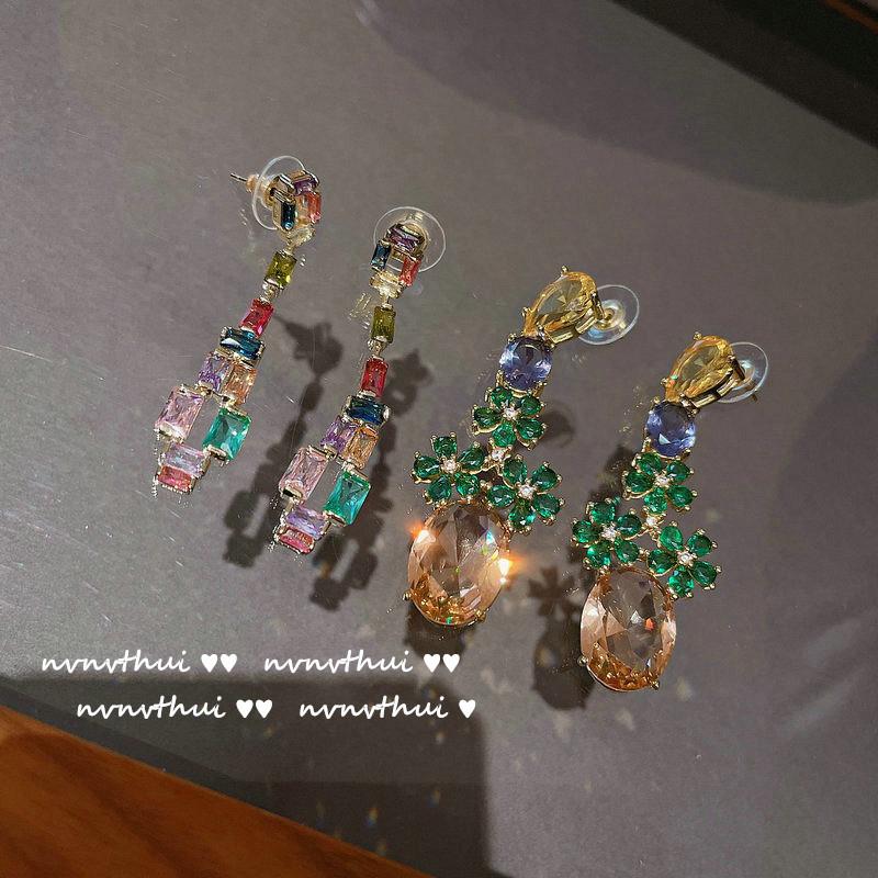 Oil Painted Peacock Emerald Flower Pendant, 18K Gold Plated Multi-Faceted Tetris Zircon Tassel Earrings