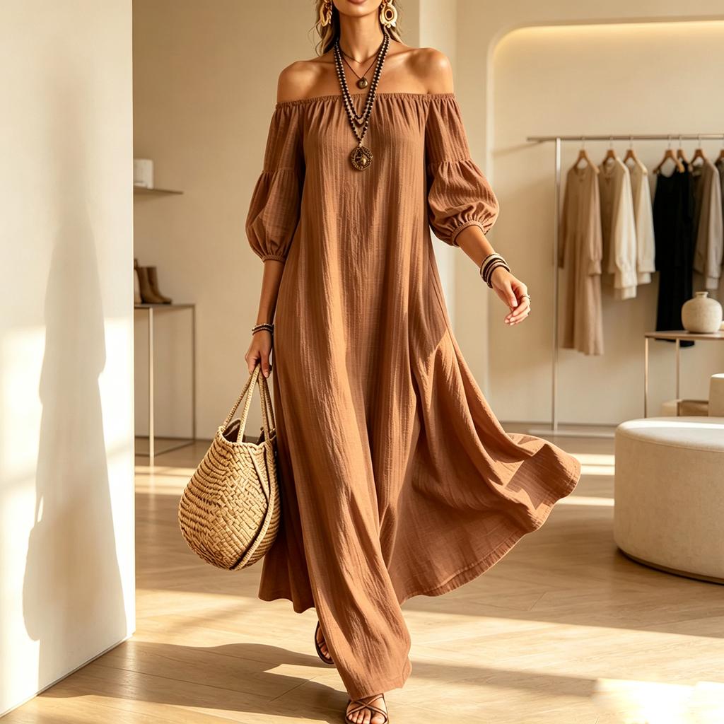 Women's Off-the-Shoulder Neck Puff Sleeve Dress, Color Elegant Casual Dress