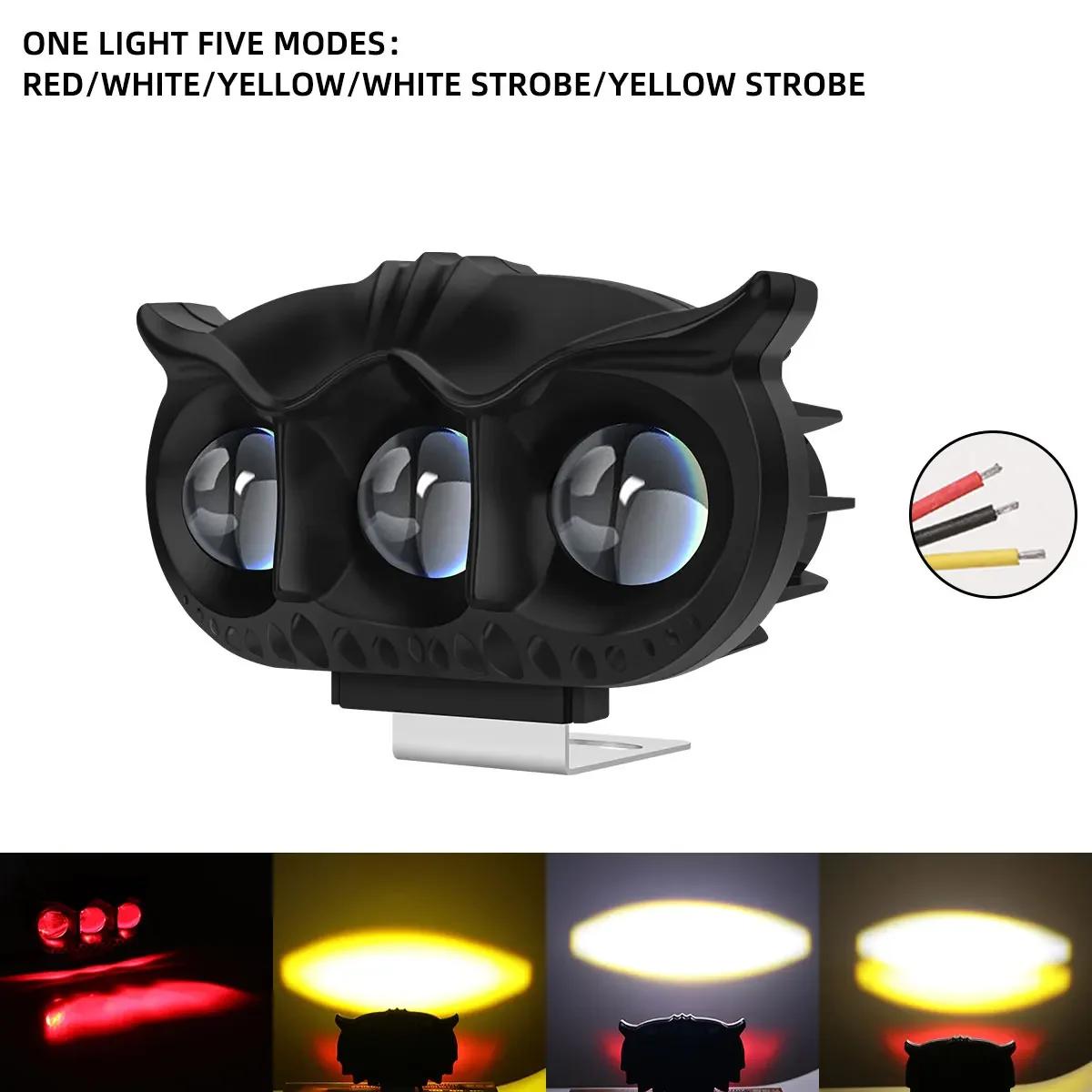 

1pcs Motorcycle Headlight LED Spot Light Owl Shape 3 Light 5 Modes Three Colors Strobe Fog Light Motorbike Running Lamp