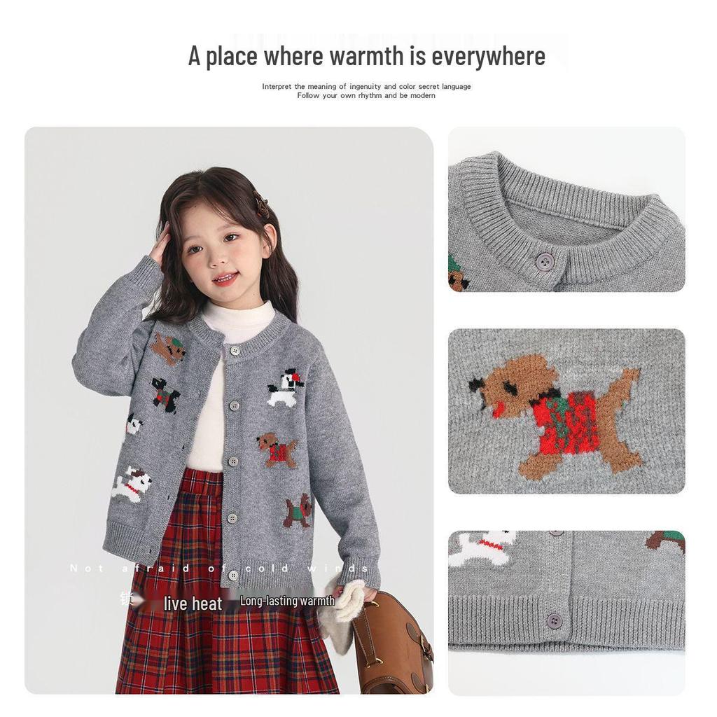 Świąteczny czerwony kardigan dziewczęcy z kreskówkowym motywem świątecznym - jesienny dzianinowy sweter-płaszcz.