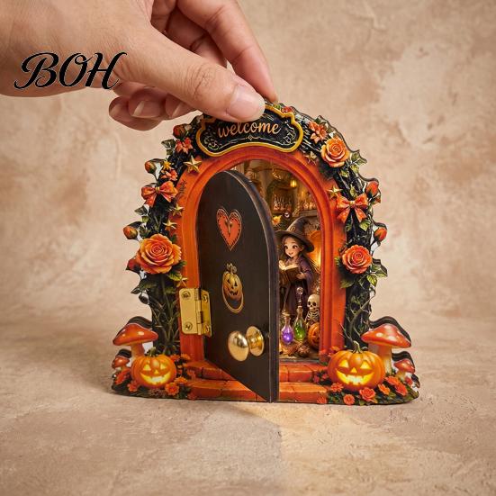 Openable Miniature Door Ornament Halloween Mouse Hole Wall Decoration, Retro Arched Fairy with Pumpkin Tale Garden & Flower Decor, for Holiday