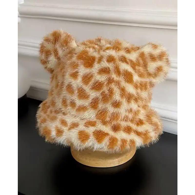 Korean New Scarf Hat Two Piece Set Cute Cartoon Leopard Plush Fisherman Hat Warm and Cold-proof Scarf