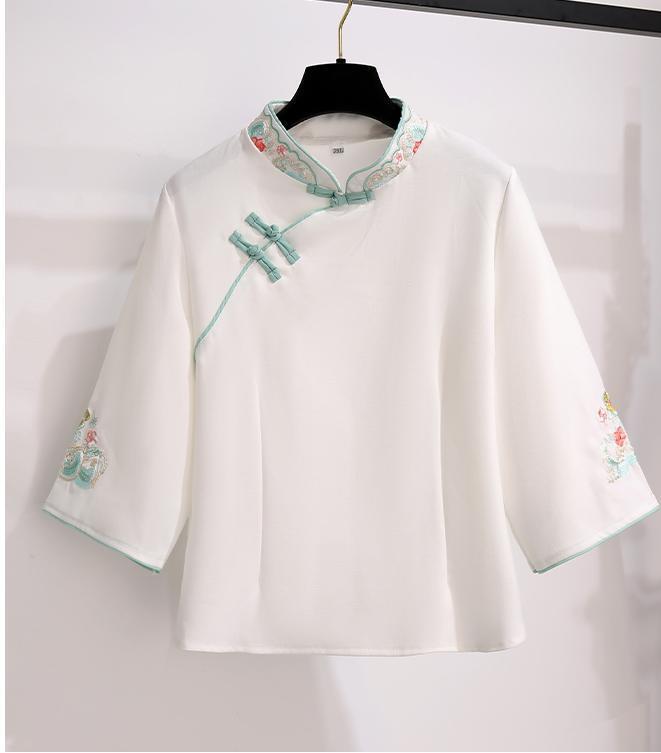 Retro Ethnic Embroidered Cotton-Linen Tang Suit: Two-Piece Cheongsam Zen Tea Outfit