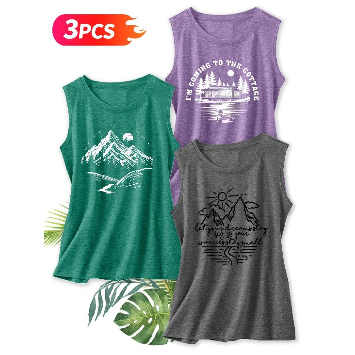 Three-piece Set Elegant Vest for Women Outdoor Mountain-themed Printed Round-neck Women's Tank Top Suitable for Spring and Summer Fashionable Tops