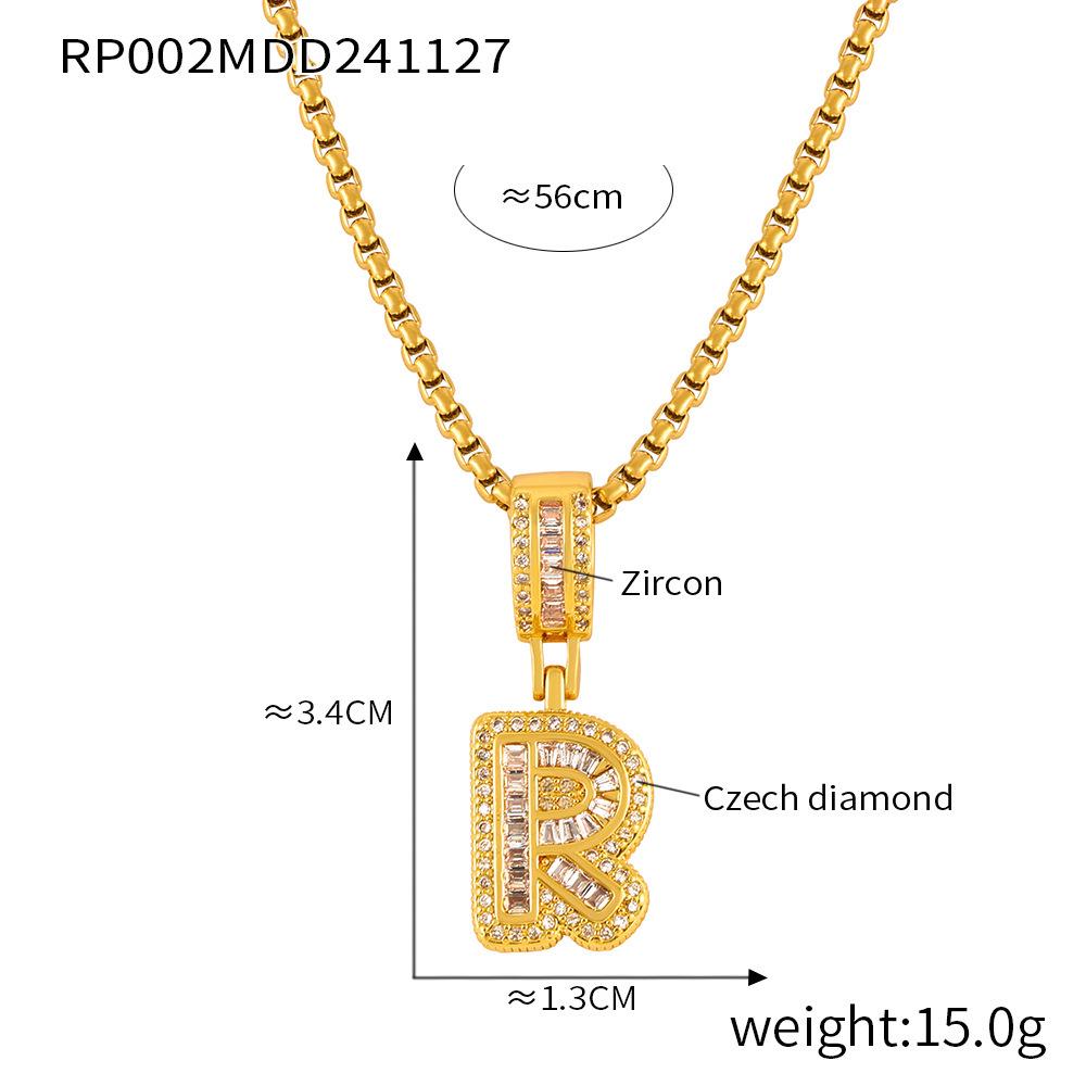 Minimalist Letter Inlaid Diamond Copper Pendant Necklace with Long Box Chain in Gold-Plated Titanium Steel