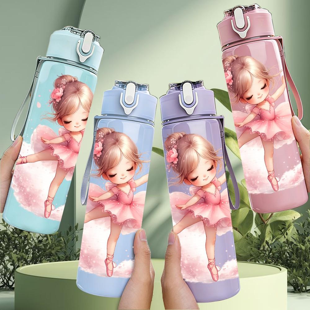 1PC Little Pink Ballerina Girl Print 750ml Color Plastic Sports Water Bottle Leakproof Flip Straw Lid Suitable for Sports Office Home Use