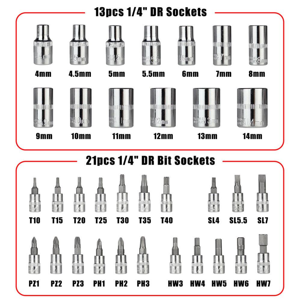 46 Pieces 1/4 " Drive Socket Ratchet Wrench Bit Bits Included Sliding Bar Extension Bar 1/4"Quick Ratchet Handle