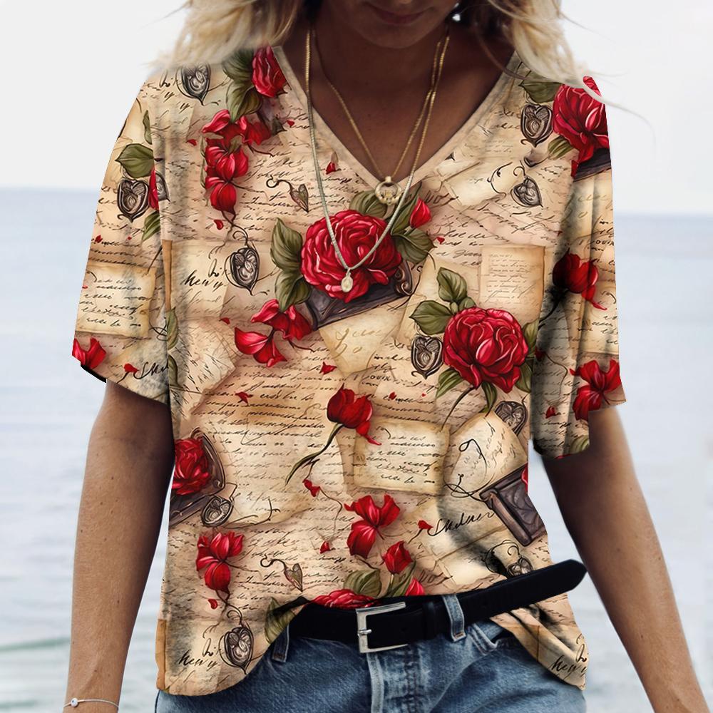V-neck Women's Short Sleeve Summer Outdoor Casual T-shirt Tops Flower Printed Patterns Fashion