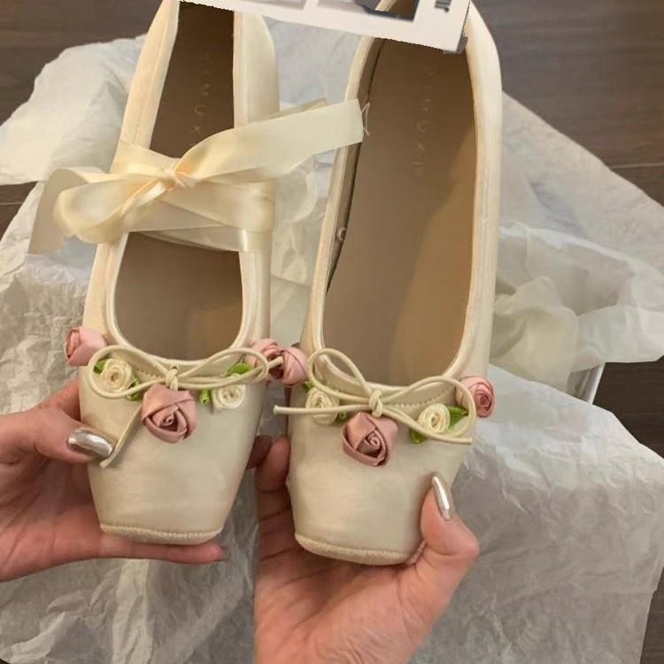 LAOHU Kant Strik Been Satijn Zijde Ballerina's Dames Vierkante Neus Strik Elastische Ballerina's Dames Bruiloft Bloemen Schoenen 36RU/CN37