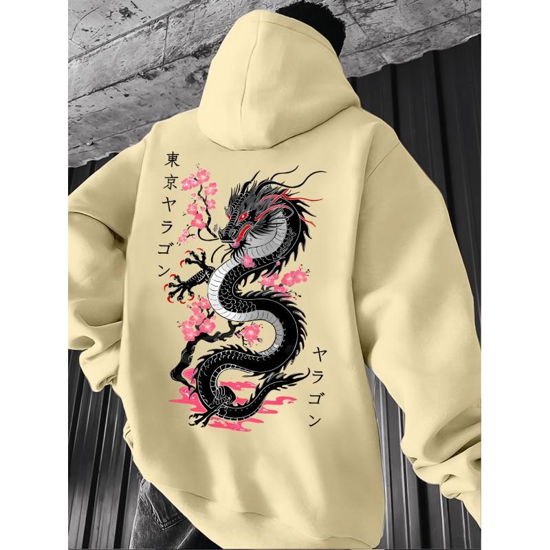 Black Dragon Cherry Blossom Print Hoodie Loose Drop Shoulder Unisex Pullover Sweatshirt Couples Winter Casual Wear