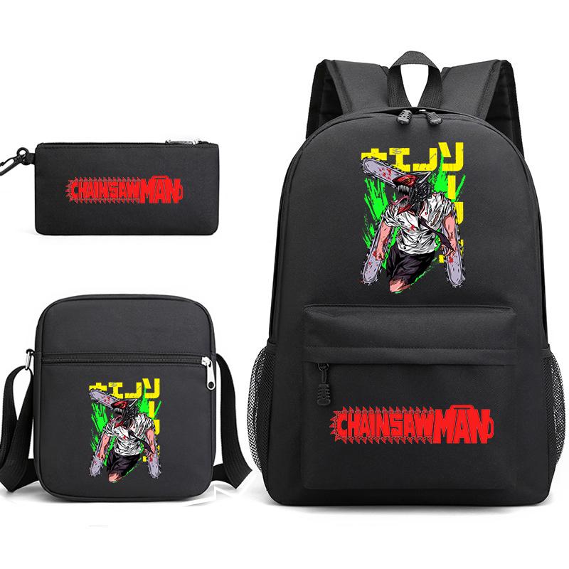 Chainsaw Man Print Student Backpack Set with Crossbody Bag and Pencil Pouch for Boys Girls Daily Use