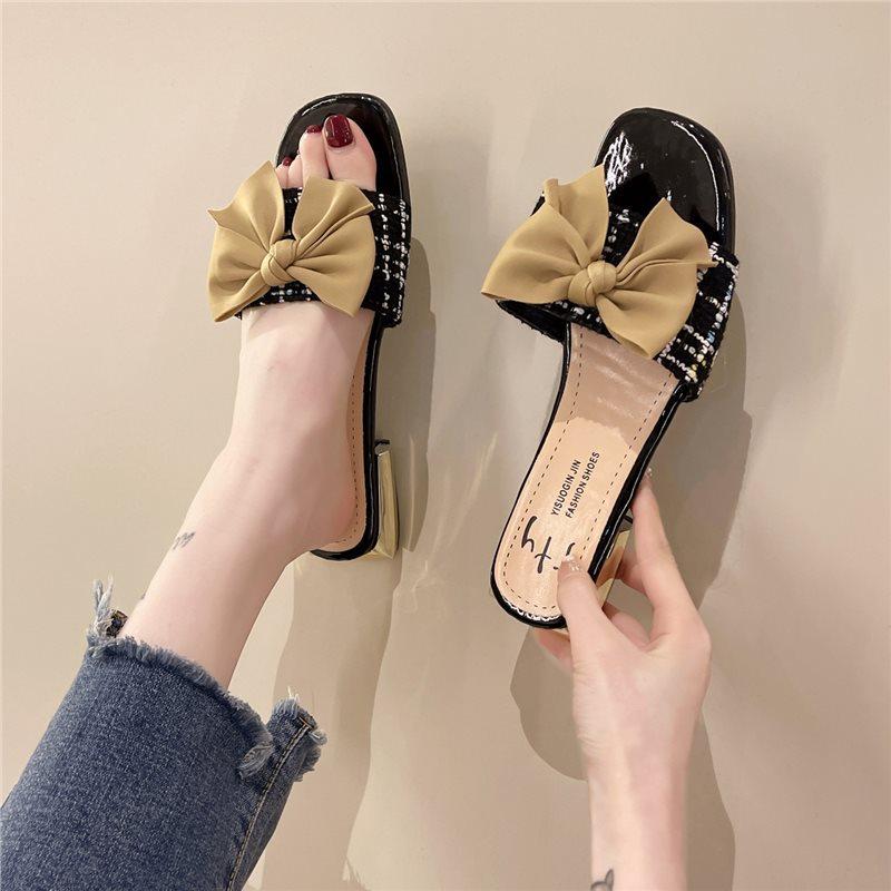 High heels women's summer 2024 new square head temperament bow low heel one-word drag small fragrant style outer slippers