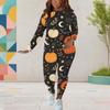 Women Plus Size Black Pumpkin Printed Round Neck Long Sleeve Top And Fitted Pants Two Piece Set
