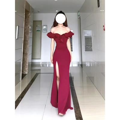 One-word Shoulder Dress Long Dress Women's Spring Ruffle Edge Temperament Socialite High Split Evening Dress Dress