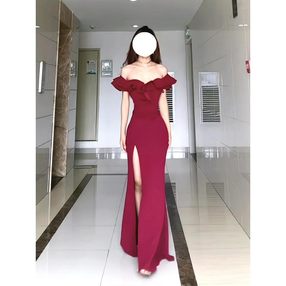 One-word shoulder dress long dress women's spring ruffle edge temperament socialite high split evening dress dress