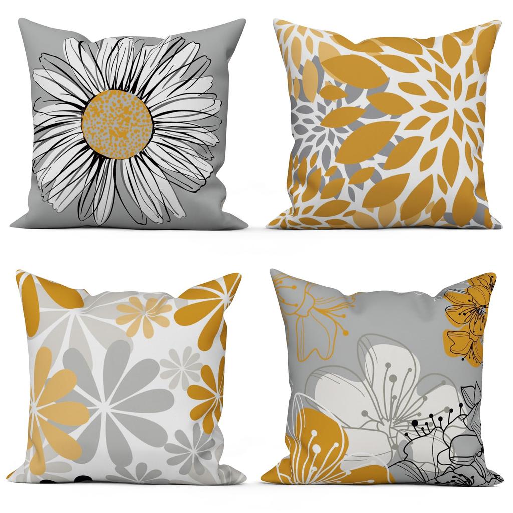 4Pcs Blue Gray Floral Cushion Covers, Modern Daisy & Leaf Print Pillow Cases For Sofa Bedroom Living Room Decor 45X45Cm