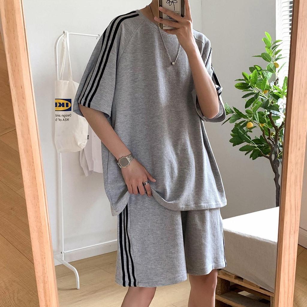 Hong Kong Style Summer Couple's Striped T-Shirt Set - Unisex, Short Sleeve, Large Size