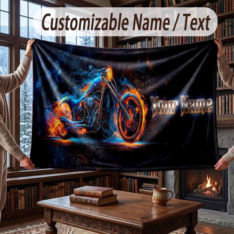 Motorcycle Theme Throw Blanket Custom Name Text Personalized Blanket Soft Cozy Blanket for Home Sofa Bed