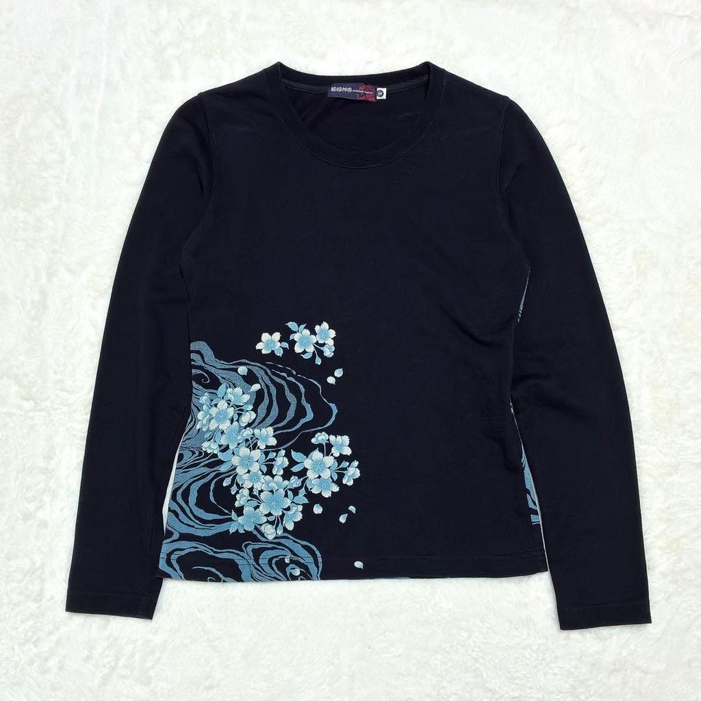 Used Karakuri Kagura Karakuri Tamashii Carp Embroidery Long T-shirt S Japanese pattern Cherry blossoms Flowing water Thick embroidery Black Long