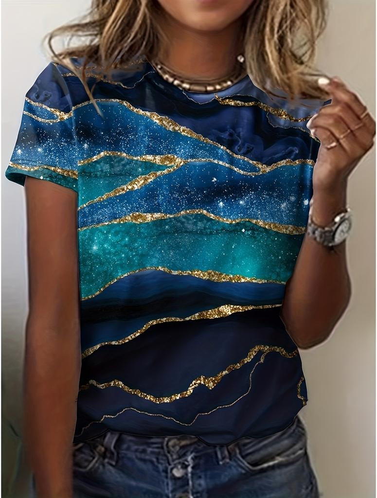 Sommer Damen T-Shirt Blumenstruktur 3D-Druck Florale Grafiken T-Shirts Lässige Kurzarm-Oberteile Mode O-Ausschnitt T-Shirt für Damen
