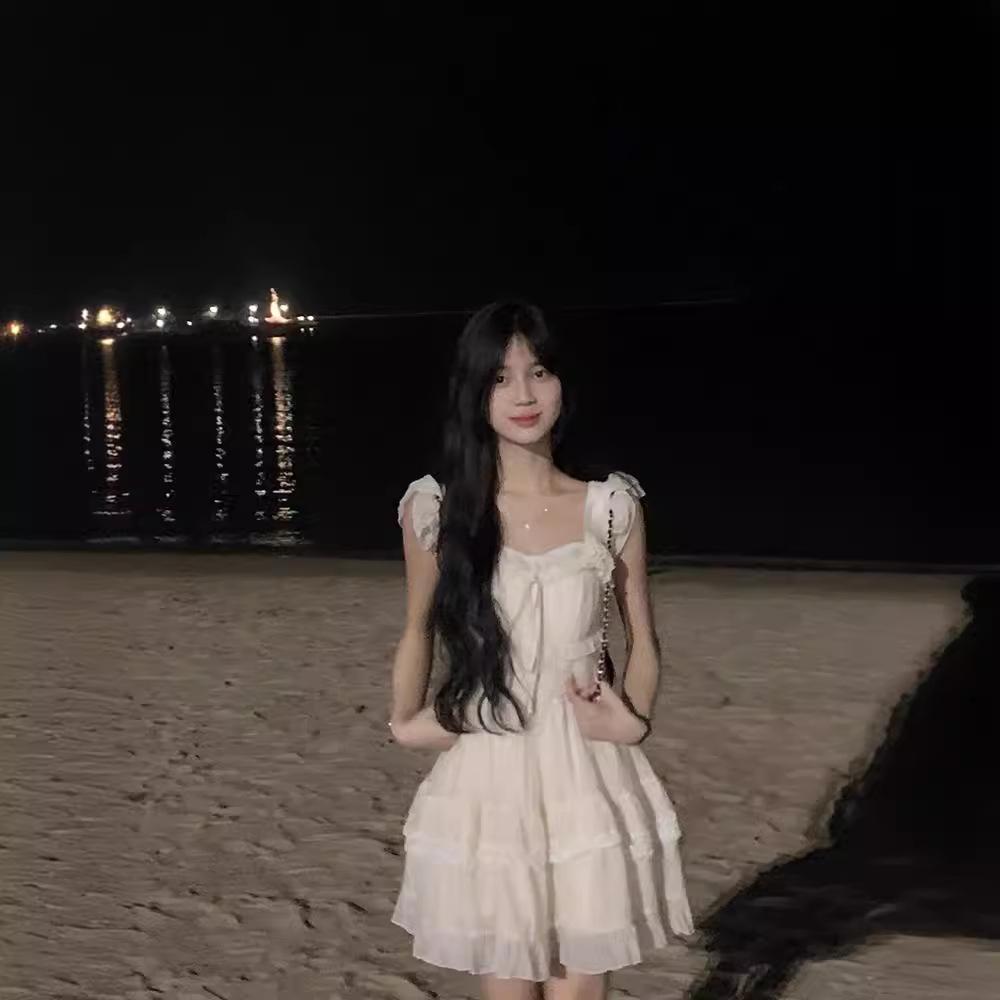 French Style Petite Waist Square Neck Cap Sleeve Dress for Women - Slimming Summer Short Dress