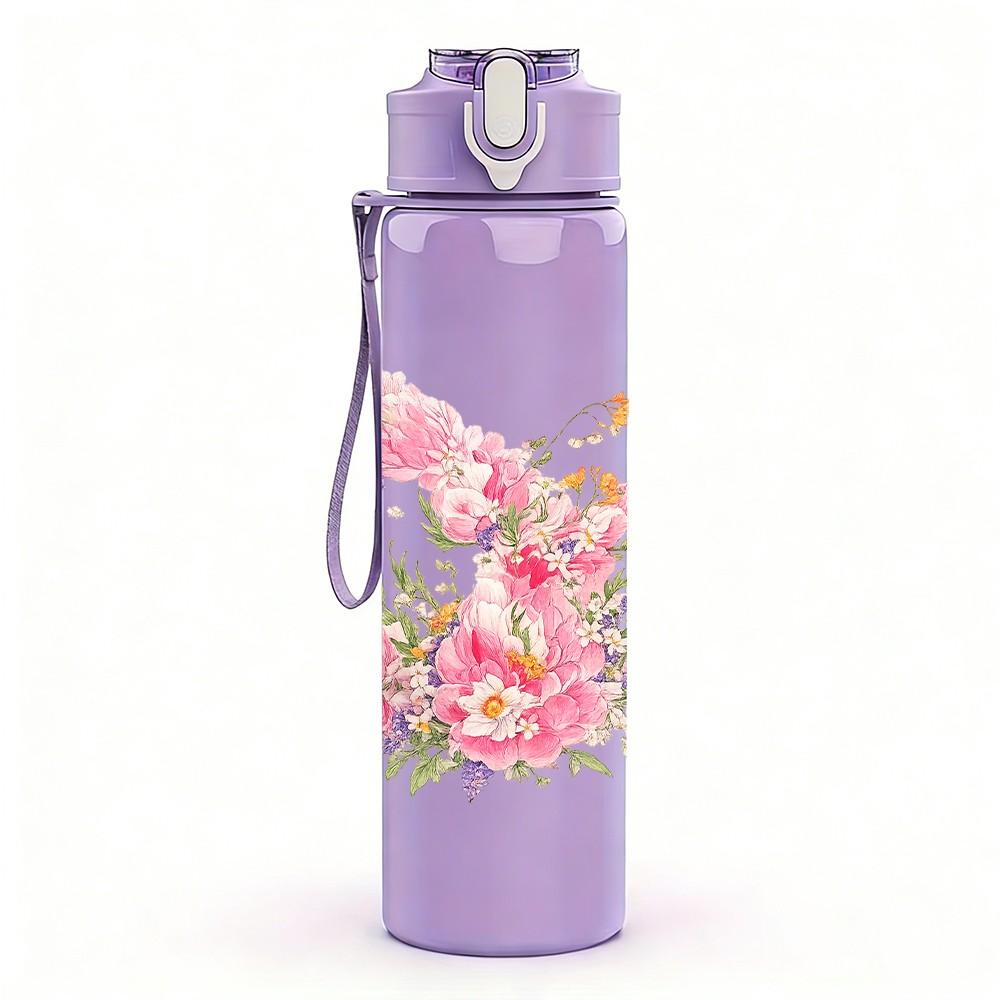 1PC Soft Pink Spring Flower Blossom Print 750ml Color Plastic Sports Water Bottle Leakproof Flip Straw Lid Suitable for Sports Office Home Use