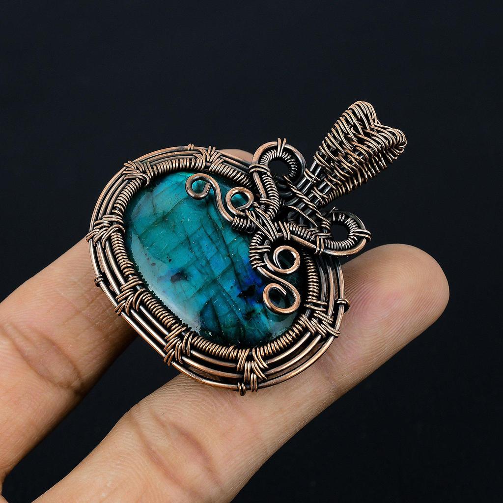 Blue Flash Labradorite Handmade Pendant, Natural Gemstone Jewelry, 999 Copper Wire Wrapped Pendant Jewelry, For Gift