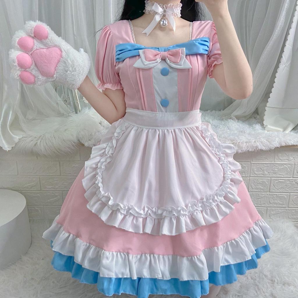 Café Style Cute Lolita Maid Outfit - Pink & Blue Bow Dress for Women