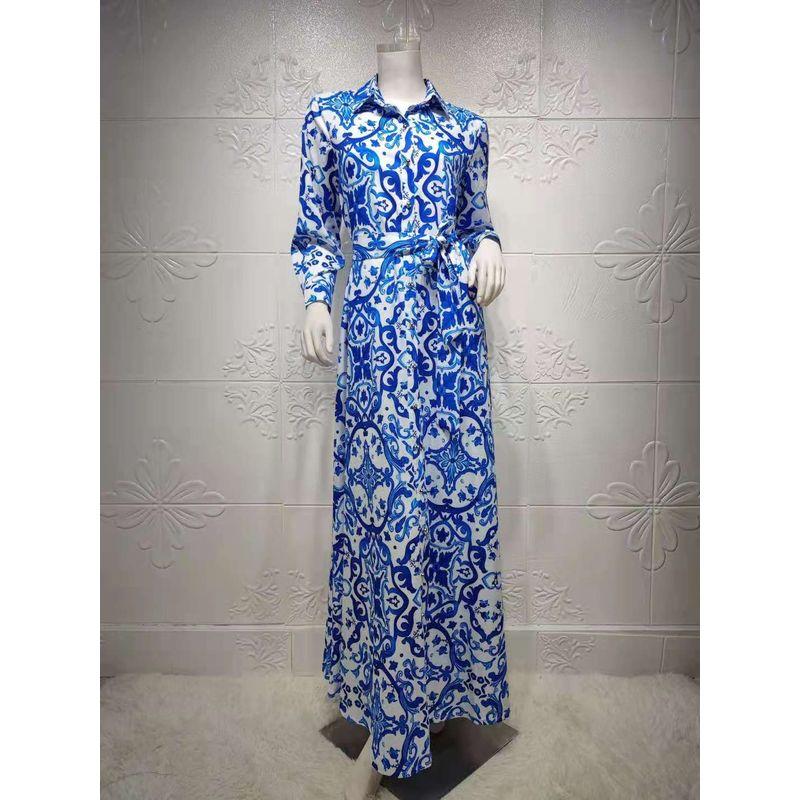 

Новое мусульманское женское платье с лацканами, принтом и длинным рукавом, с поясом Blue XL